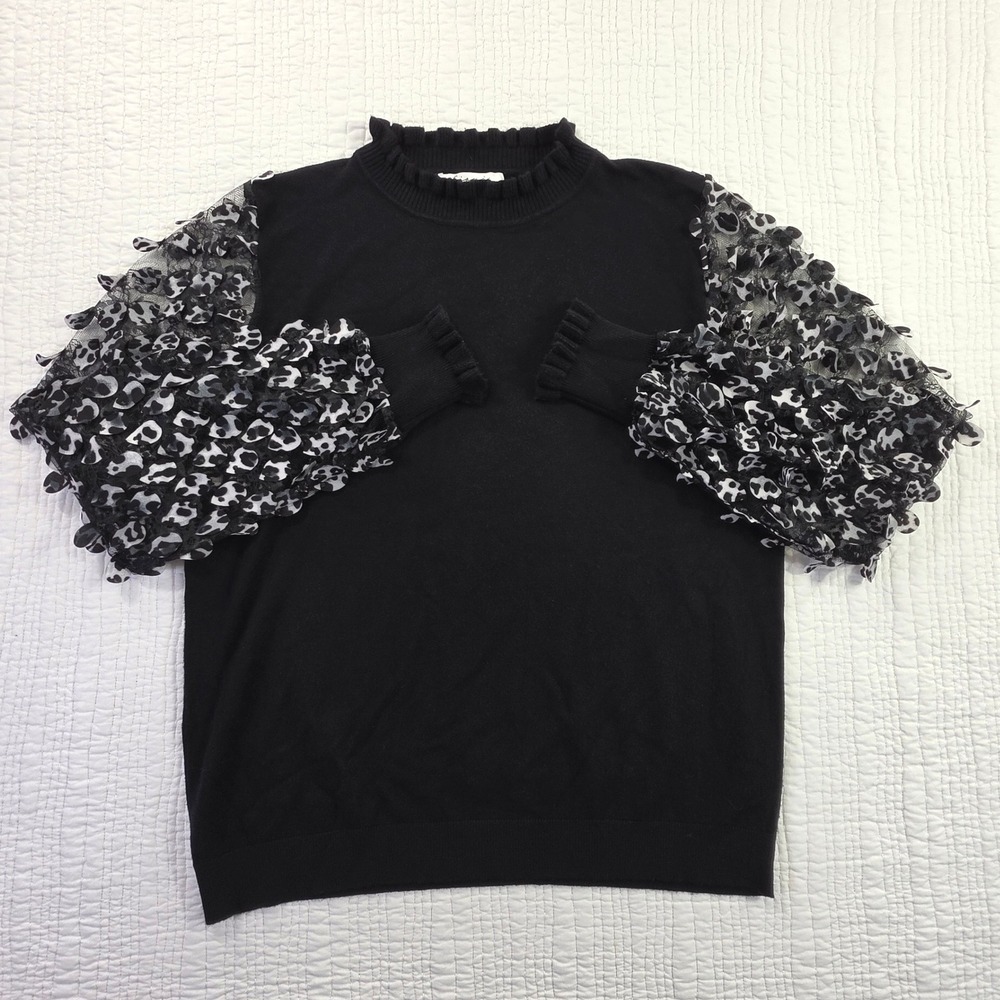 Black Ruffle Mock Neck Sweater 3D Leopard Print Mesh Puff Sleeve Knit Top L